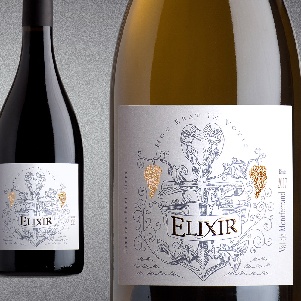 Illustration traditionnelle à l'encre du blason sur étiquette de vin ELIXIR