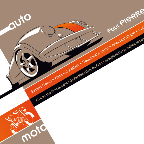 Illustration auto et moto sur carte de visite et carte lettre d'un cabinet d'experts à Montpellier
