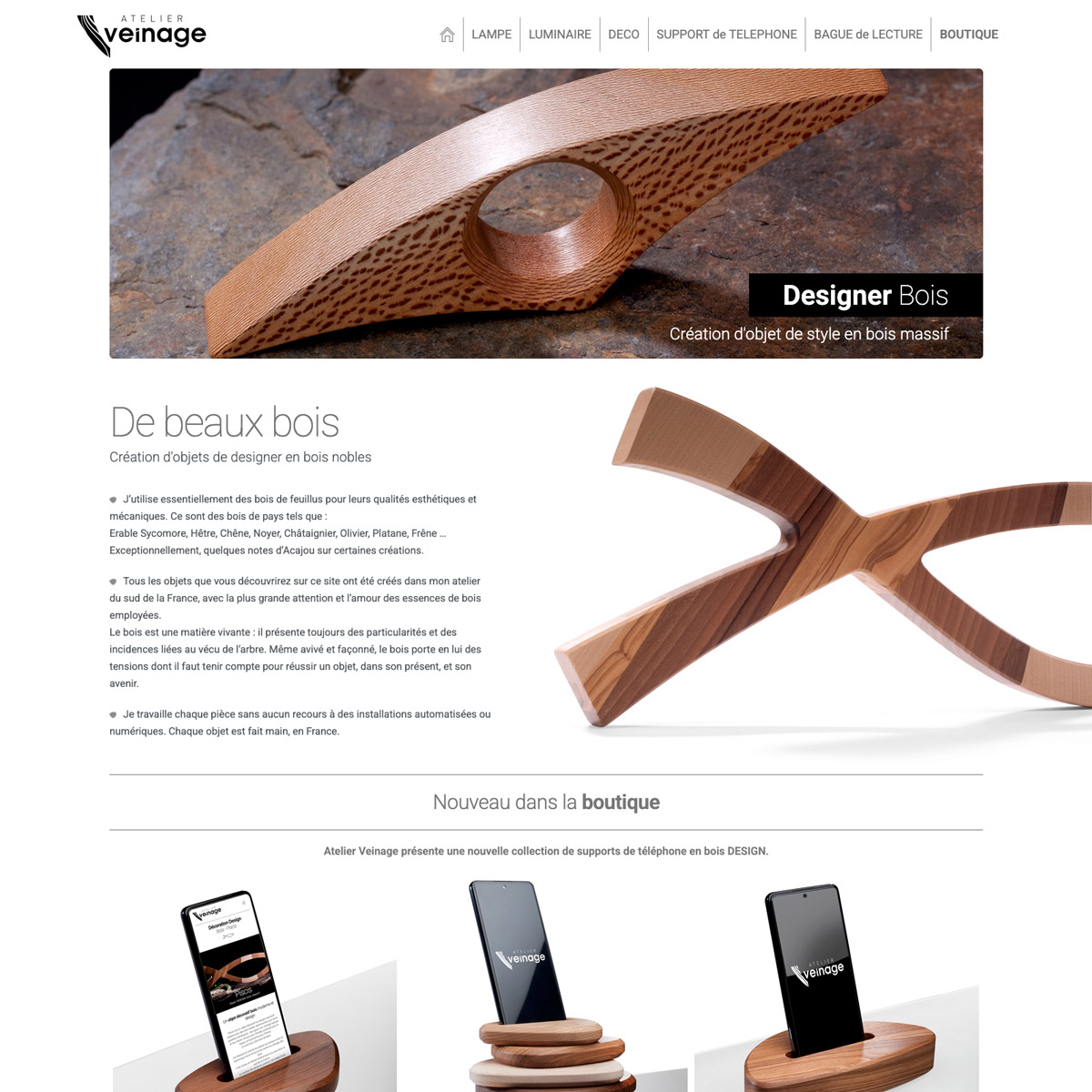 Visuel du site créé pour Atelier Veinage, designer d'objets de style en bois massif