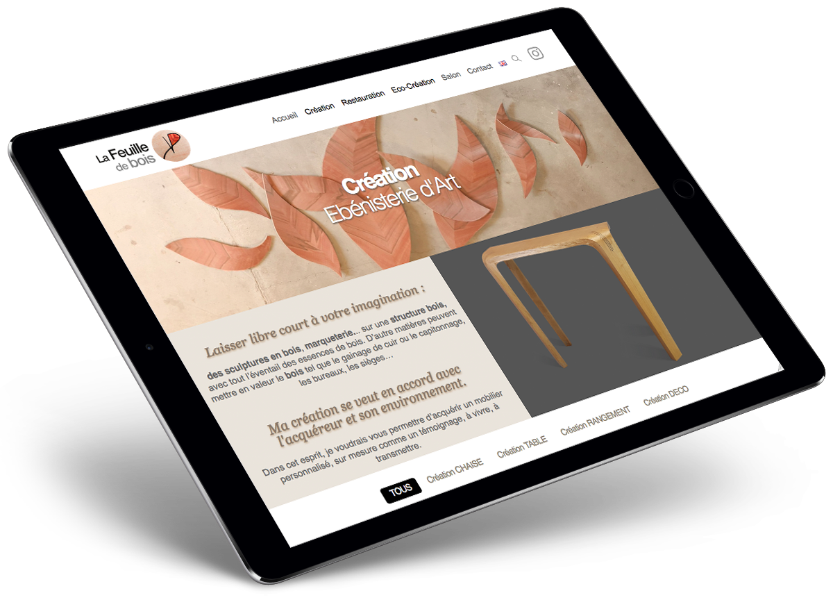 Visuel responsif sur tablette du site internet d'un artisan ébeniste