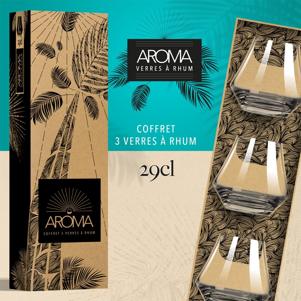 Design graphique esprit exotique tropical d'un coffret carton pour verres à rhum