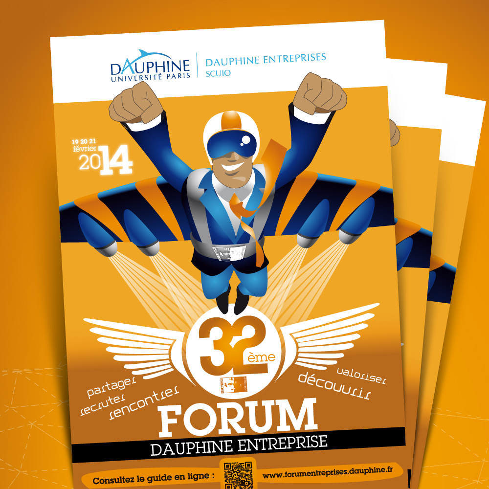 Création d'une affiche au design décalé pour le Forum Dauphine Entreprise à Paris - Déclinaison d'un programme et de flyer d'invitation sur la même charte graphique