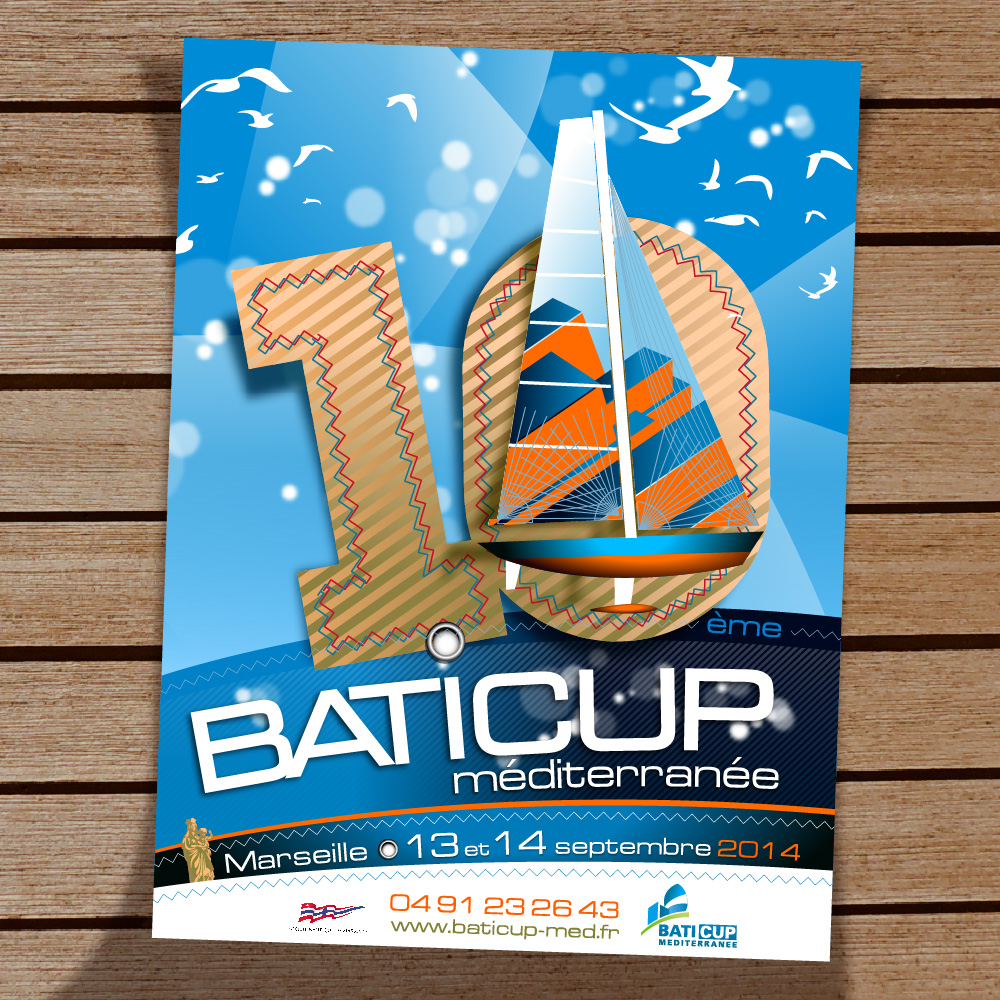 Création de l'affiche de régate Baticup 2014 dans un style graphique voilerie - Marseille
